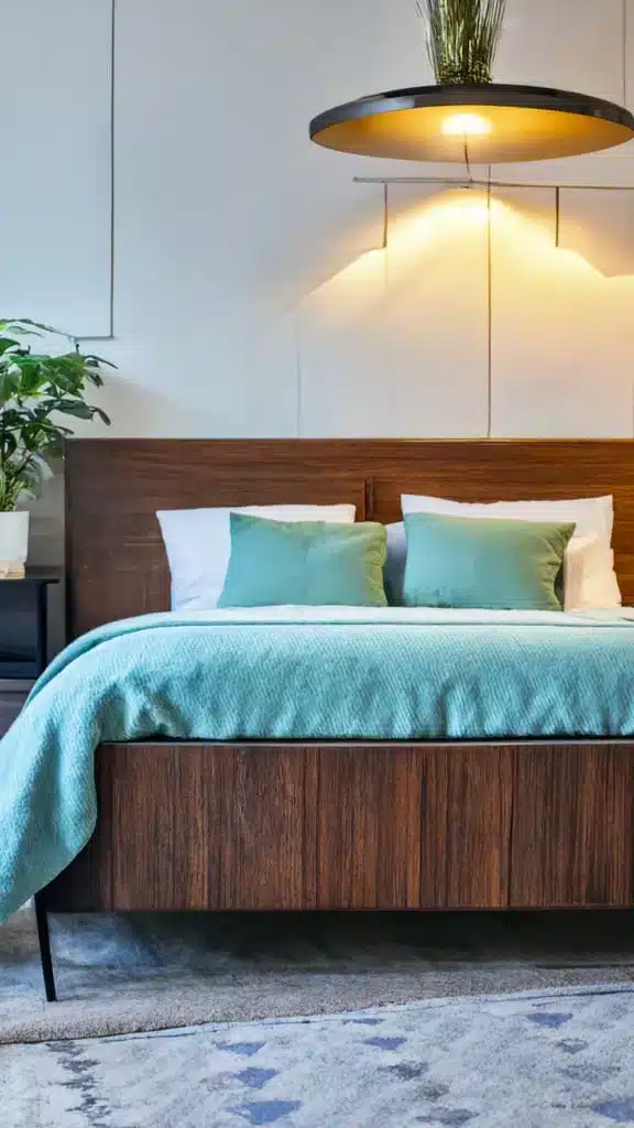 cozy bedroom idea with wooden bed