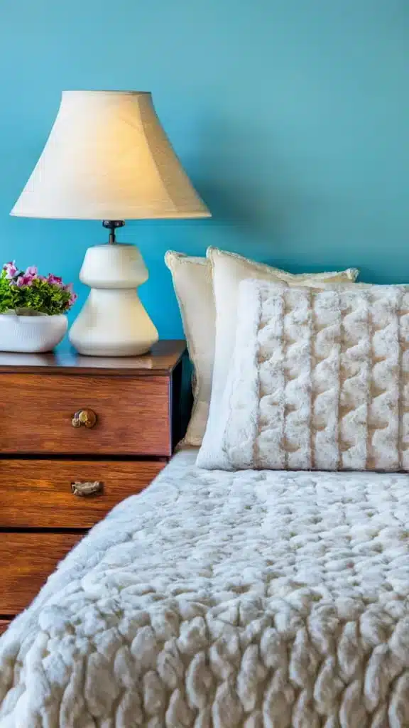 image of a bed, the walls are light blue