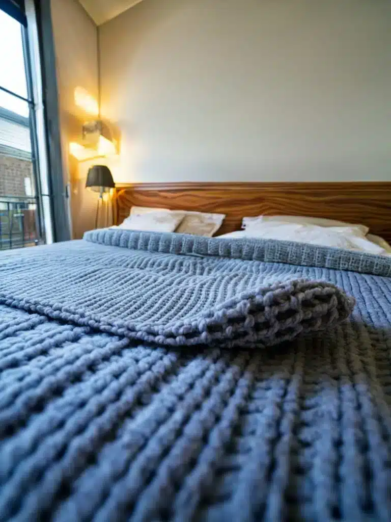 blue knitted blanket on a bed