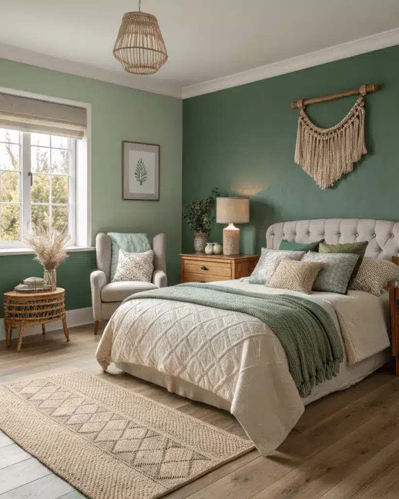 cozy bedroom with green walls