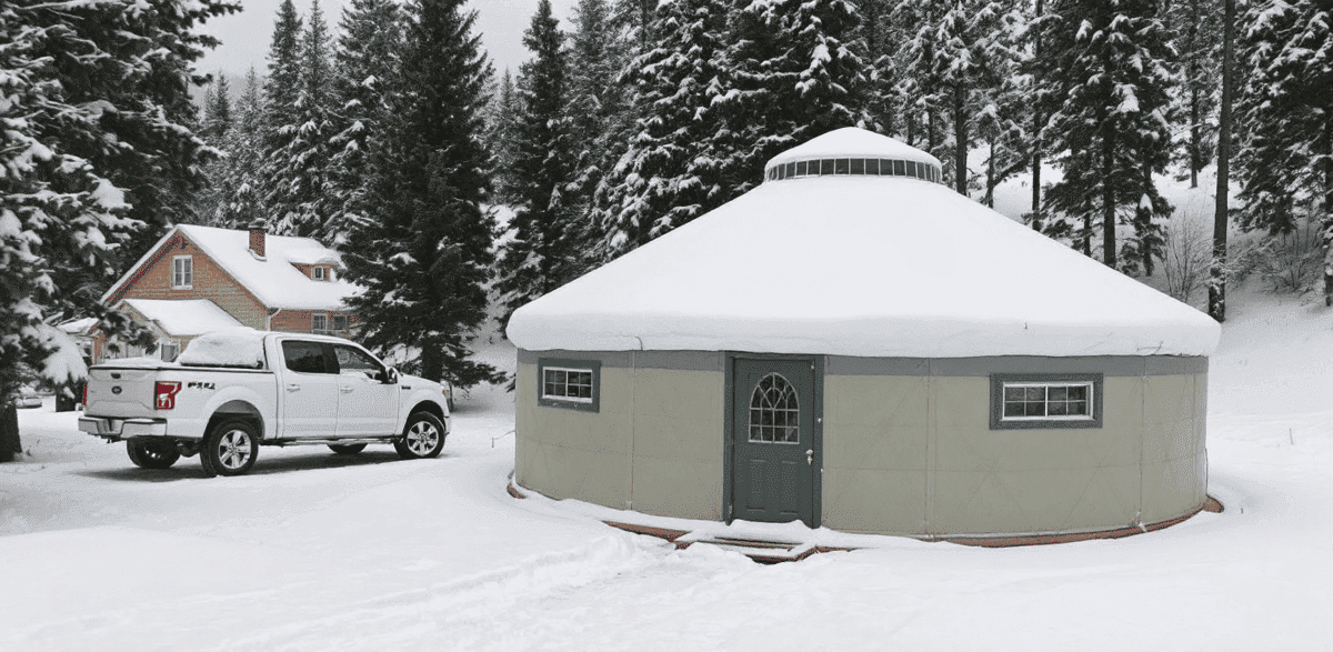 D920ca3a640e480196dbab8ca91a0b20 A photograph of a snowy landscape with a focus on a snow covered forest and a unique snow covered structure resembling a traditional yurt dwelling