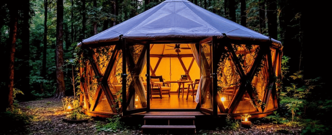A photo style digital illustration depicting a cozy rustic wooden structure a traditional style tented dwelling nestled within a forested area The tent is illuminated with warm ambient lighting creating a cozy atmosphere