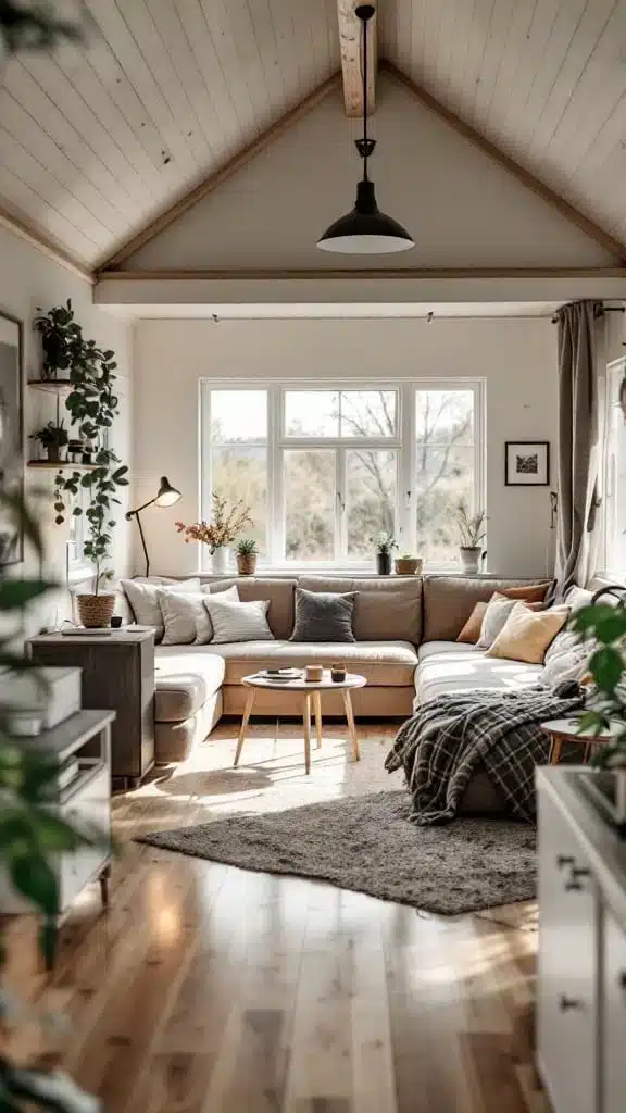 A cozy living space in a Swedish tiny house with a sectional sofa coffee table and large windows