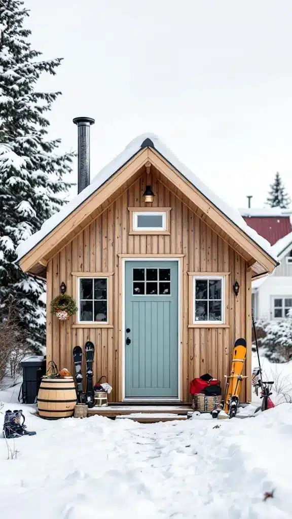 A charming tiny house in Sweden surrounded by snow with outdoor gear ready at the entrance