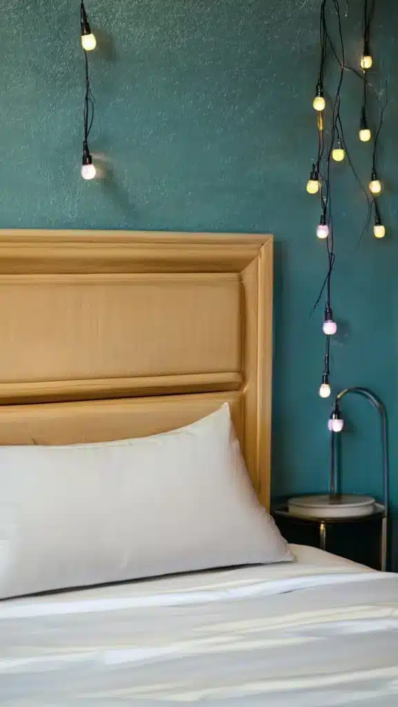 fairy lights next to a cozy bed.