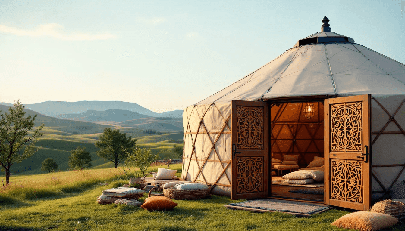 Fd1c304bc8b04931b950dad5ef1b8dc8 A cozy modern yurt interior showcases an open floor plan with large windows that invite natural light featuring a wood burning stove at the center and a bedroom loft above The interior walls are adorned with rustic elements and minimalist furniture creating a warm and inviting living space that embodies simple living and yurt design