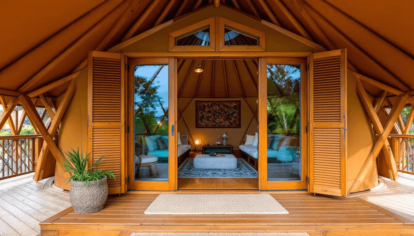 Fd3e2bb5ec864889930e91c9314cddae A beautifully designed Pacific yurt showcases its classic style with an iconic fabric and wood look featuring custom windows doors and decks for a rustic charm This yurt cabin is perfect for mountain retreats offering various sizes and numerous upgrades to suit your needs