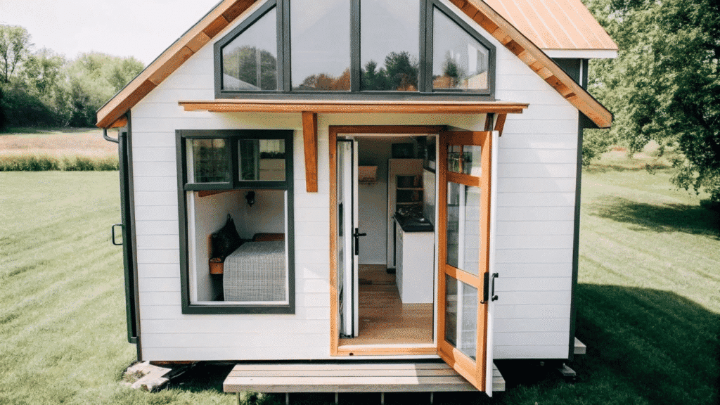 Image A cozy barn style tiny home features a charming exterior with a sloped roof and large windows showcasing its compact yet functional layout Inside exposed beams add character to the living space which includes two bedrooms and a well designed kitchen perfect for efficient living