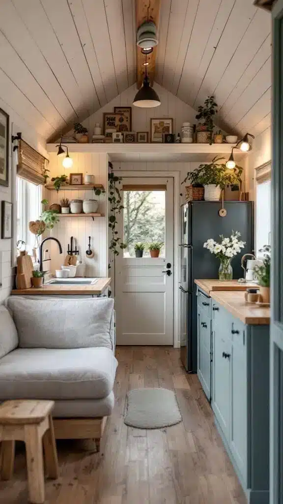 Interior view of a cozy Swedish tiny house showcasing space saving designs