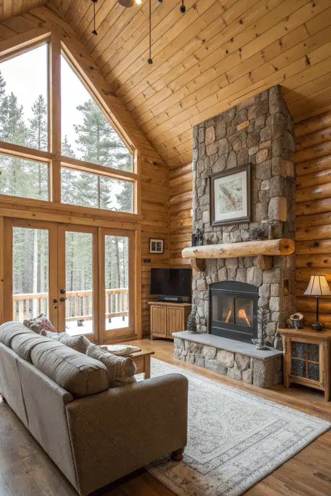 The cozy interior of a log cabin showcasing a warm and inviting living space The room is adorned with wooden walls and a stone fireplace with a plush sofa and a soft rug in front of it Large windows let in natural light highlighting the rustic decor and wooden furniture