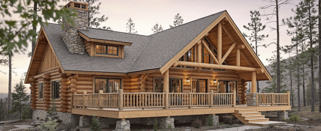 A photograph of a rustic log cabin style house nestled in a natural wooded environment The architecture is made primarily of wooden logs showcasing a traditional cabin inspired aesthetic