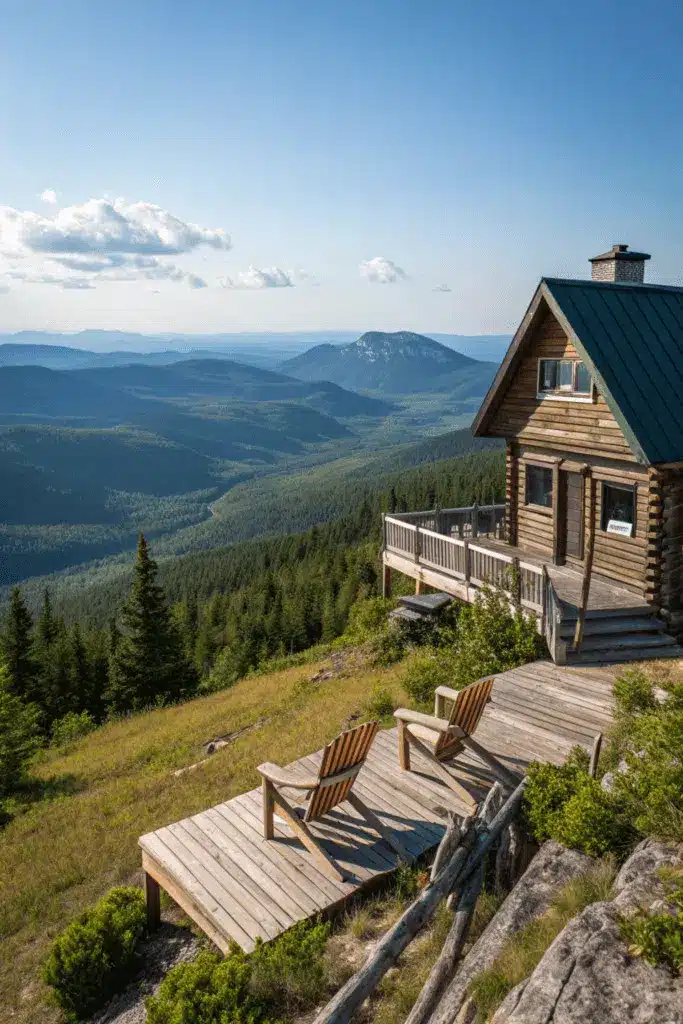 A breathtaking view from a cabin perched on a mountainside The image captures a panoramic vista of rolling hills and distant peaks under a clear blue sky The foreground features a wooden deck with a couple of Adirondack chairs perfect for enjoying the stunning scenery