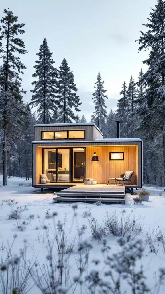 A modern Swedish tiny house surrounded by snow covered trees