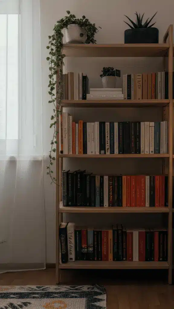 tall bookshelf in a bedroom