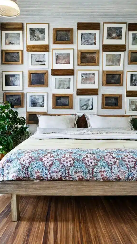 wall picture frames behind the bed.
