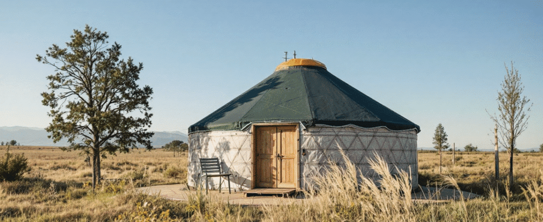 A photograph of a traditional looking dwelling with a unique rounded structure resembling a traditional Mongolian yurt