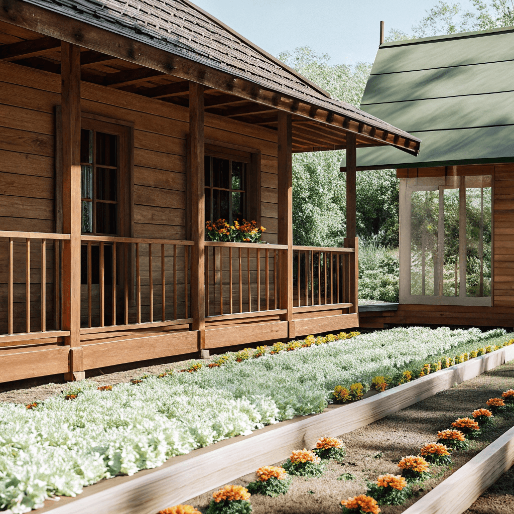 Acozywoodenhomesurroundedbywildflowersanda Rustic tiny home with flower garden and wood exterior