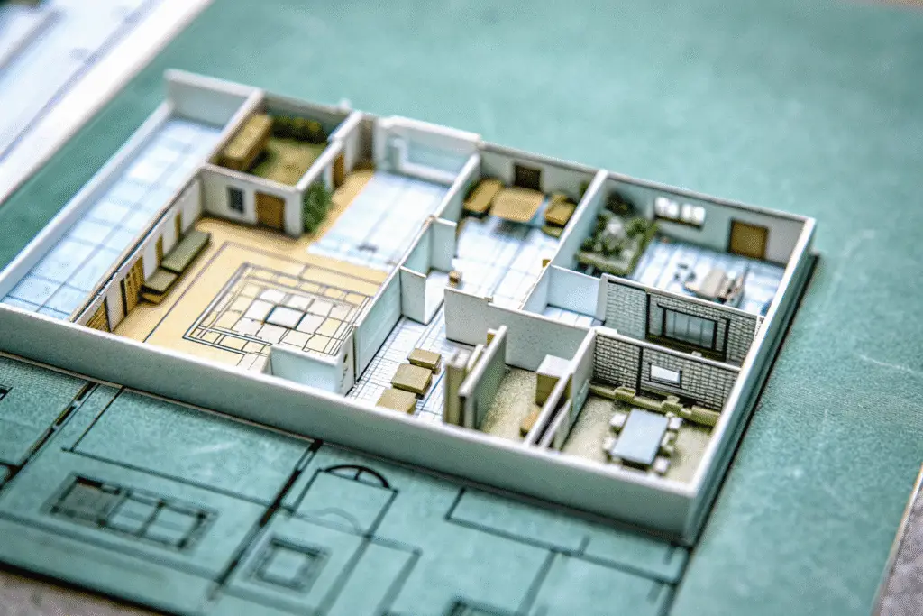 3d architectural floor plan Photograph of a detailed 3D architectural floor plan rendering showcasing a multi room residential layout with furniture against a green background