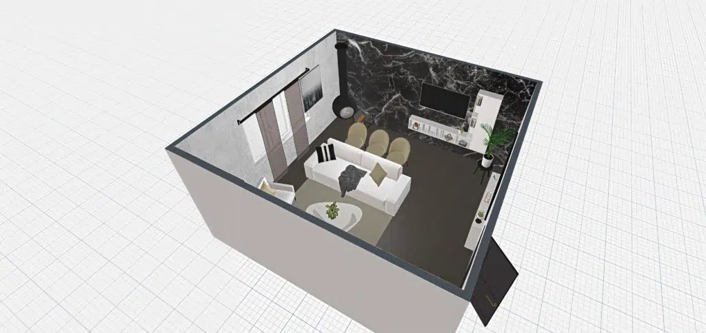3d top down plan Top down image of a fully furnished tiny room in 3D render