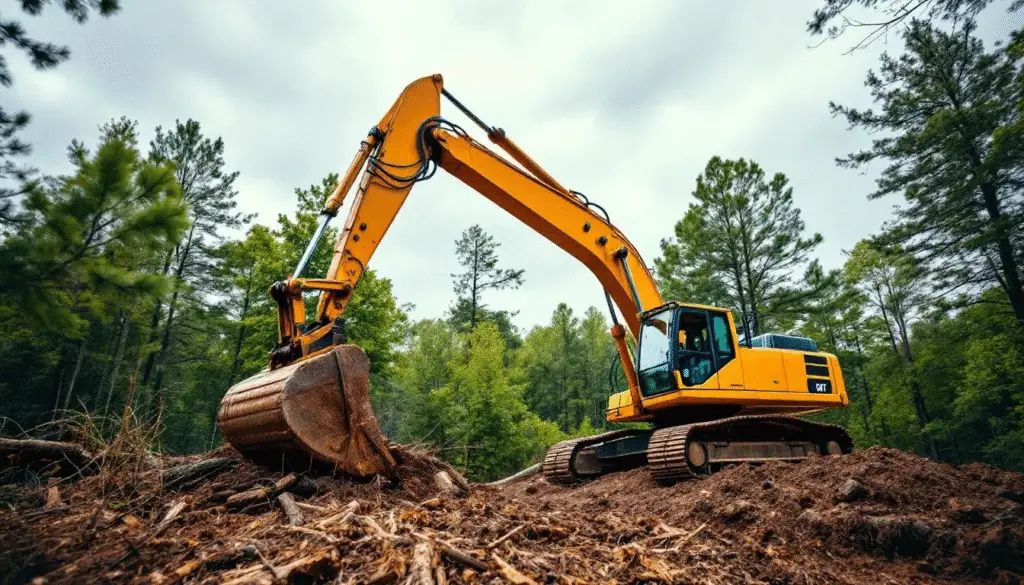 Additional costs An excavator is clearing wooded land to prepare a construction site for an Amish built cabin showcasing the initial stages of site preparation for future property owners The machinery is surrounded by trees emphasizing the transition from natural land to a potential living space designed with rustic charm and energy efficiency in mind