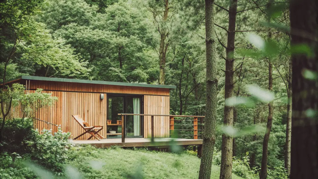 Allwood prefab A cozy tiny prefab cabin with wood paneling a small deck and surrounded by a forest Perfect for a vacation getaway or backyard office