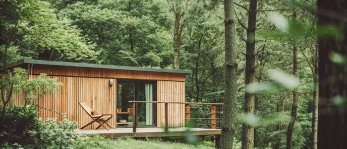A cozy, tiny prefab cabin with wood paneling, a small deck, and surrounded by a forest. Perfect for a vacation getaway or backyard office.