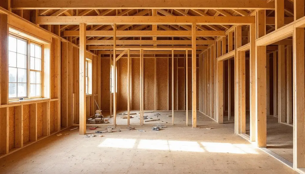 Amish home construction options The image depicts the interior of an unfinished Amish house shell showcasing exposed wooden framing and structural elements The rustic charm of the design reflects the craftsmanship of Amish builders hinting at the potential for custom cabinetry and modern amenities like indoor plumbing in the final living space