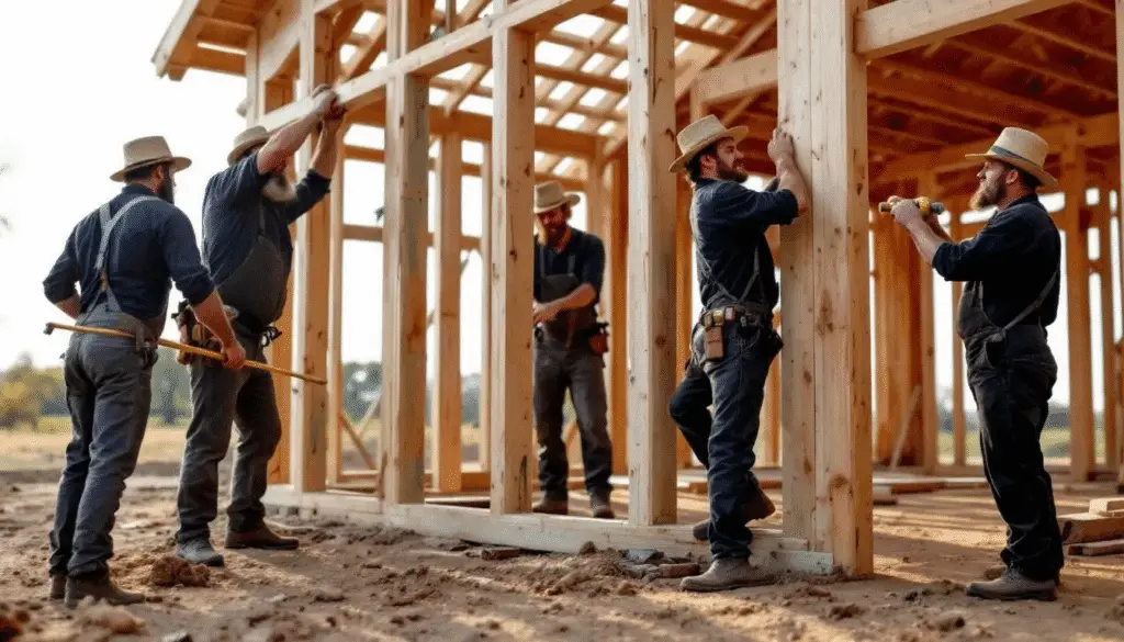 Amish house building costs The image depicts an Amish construction crew diligently working on the wooden frame of a house utilizing traditional tools to create an Amish built cabin that reflects rustic charm The scene showcases the hard workers in action emphasizing their craftsmanship and commitment to building quality homes for property owners in the Amish community