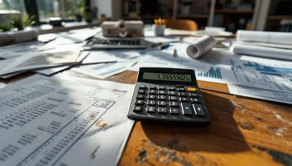 Financing solutions In the image a cluttered desk features various financial documents and a calculator essential tools for planning home construction particularly for prospective customers interested in kit houses and modular homes The papers likely detail costs and building materials needed for creating a dream home using mail order kits