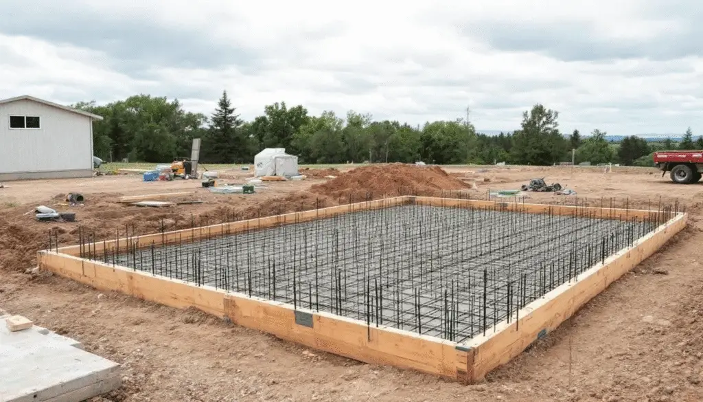 Foundation preparation The image shows a construction site where a foundation is being prepared for a kit home featuring concrete forms and rebar laid out in a grid pattern This setup is essential for building modern homes as it provides a sturdy base for the house kits that will be assembled on top