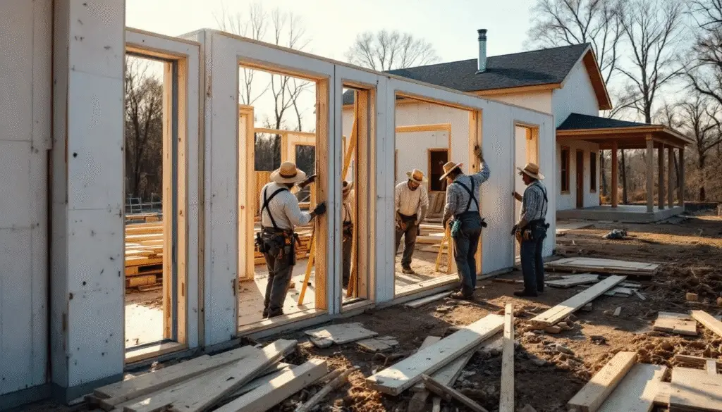 Timeline and construction In the image Amish builders are diligently assembling prefabricated wall sections for a home construction site showcasing their craftsmanship in creating high quality Amish built homes The scene reflects the rustic charm and dedication of the Amish community emphasizing their commitment to energy efficiency and low maintenance designs