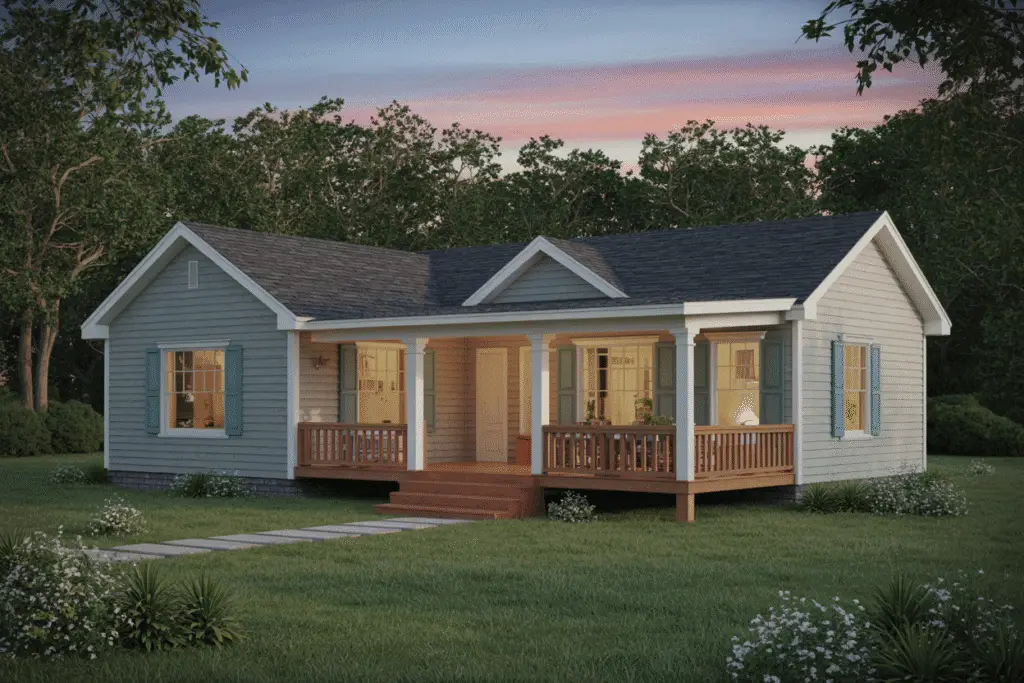 Blueranchstylemodularhouse A light blue one story ranch style modular house with a wooden porch surrounded by green grass and trees