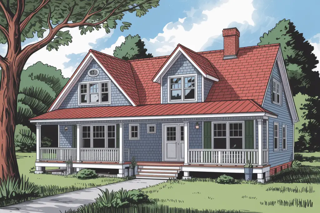 Capecodred roofedmodularhouse A blue and red roofed cape cod style modular house with a porch surrounded by green grass and trees