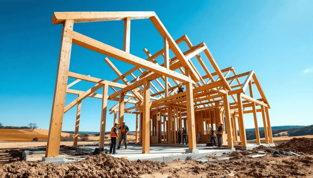 A modern timber frame house kit is being assembled in a picturesque Kentucky countryside showcasing quality materials and structural insulated panels that enhance energy efficiency The scene highlights the construction process with framing in progress and beautiful natural surroundings embodying the dreams of future homeowners