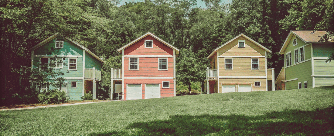 Colorful kit housing lined next to another house