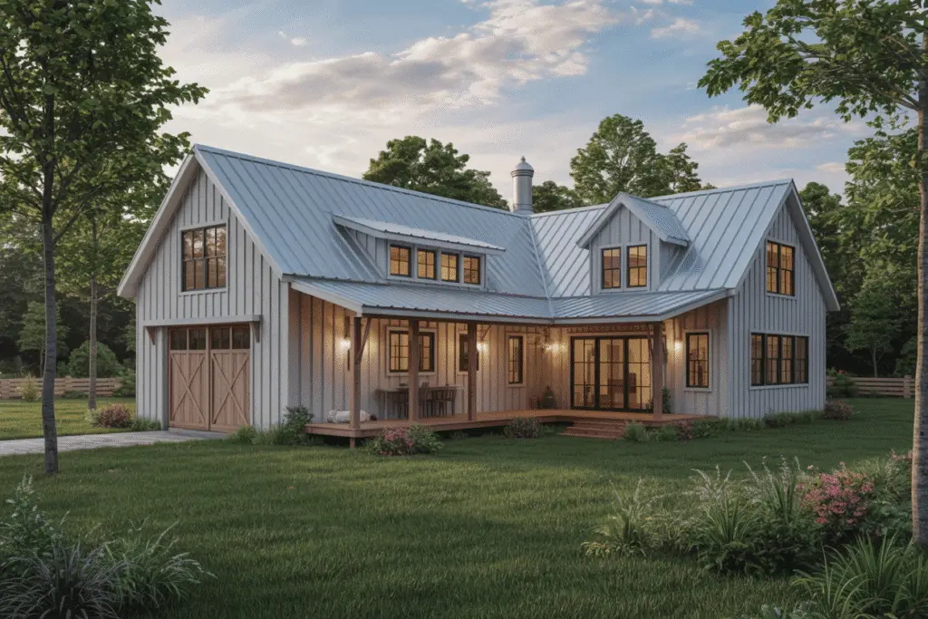 Modernfarmhousemodularhouse A modern farmhouse with a metal roof and wood details surrounded by green grass and trees