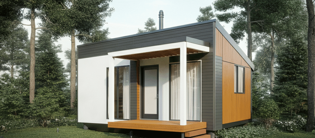 Photograph of a modern minimalist tiny prefab house with white dark gray and wood paneling featuring a small porch nestled within a lush green forest under a clear sky conveying tranquility and modern living