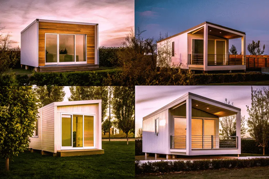 Modular home designs Four modern modular house designs with wooden and white exteriors set in a green landscape at sunset
