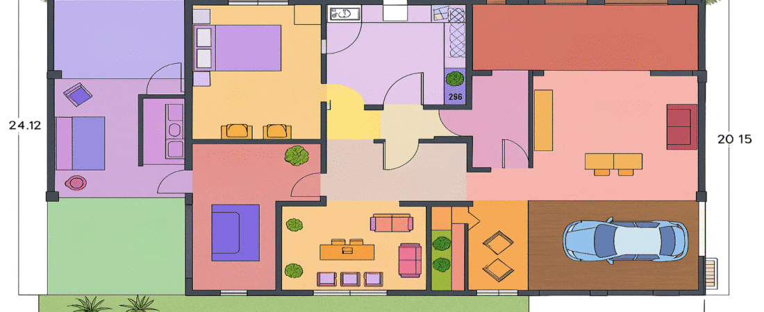 A colorful modular house floor plan showing various rooms and a garage
