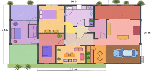 A colorful modular house floor plan showing various rooms and a garage