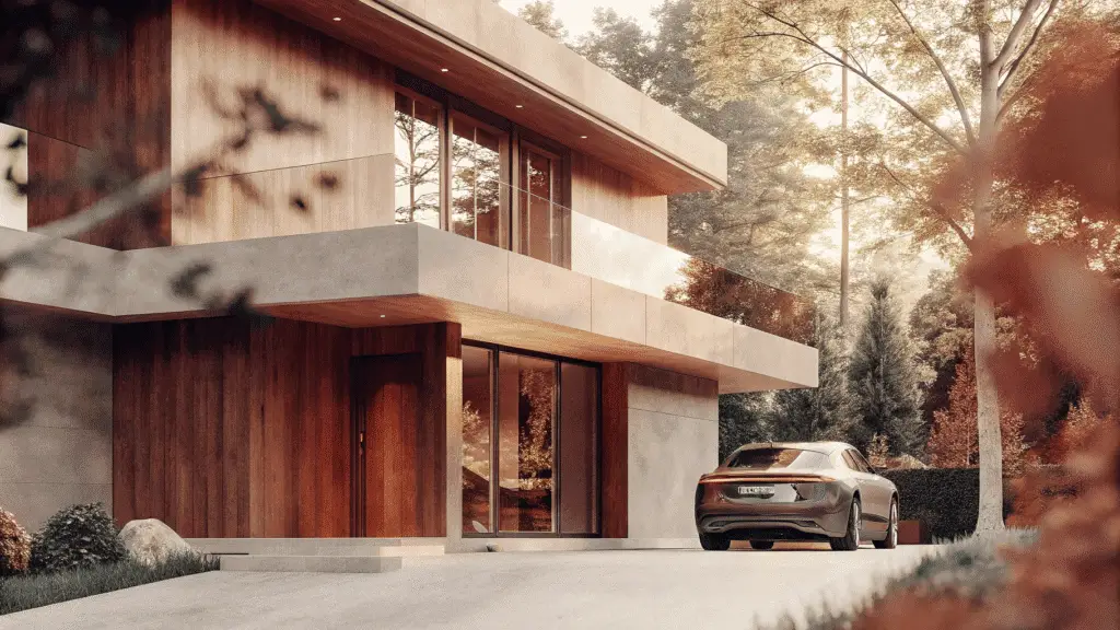Prefab home Photograph of a modern concrete and wood house surrounded by lush greenery with a luxury car conveying contemporary luxury living and natural integration