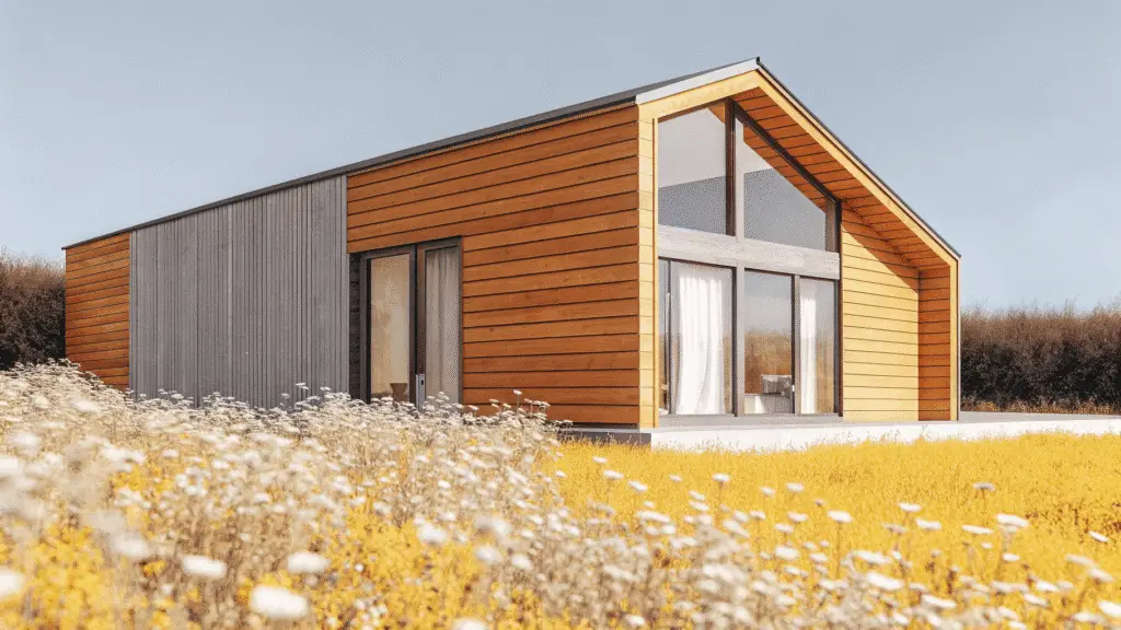 Prefab solves housing problems Photograph of a modern tiny house with natural wood siding and large windows set amidst a vibrant wildflower meadow under a clear blue sky