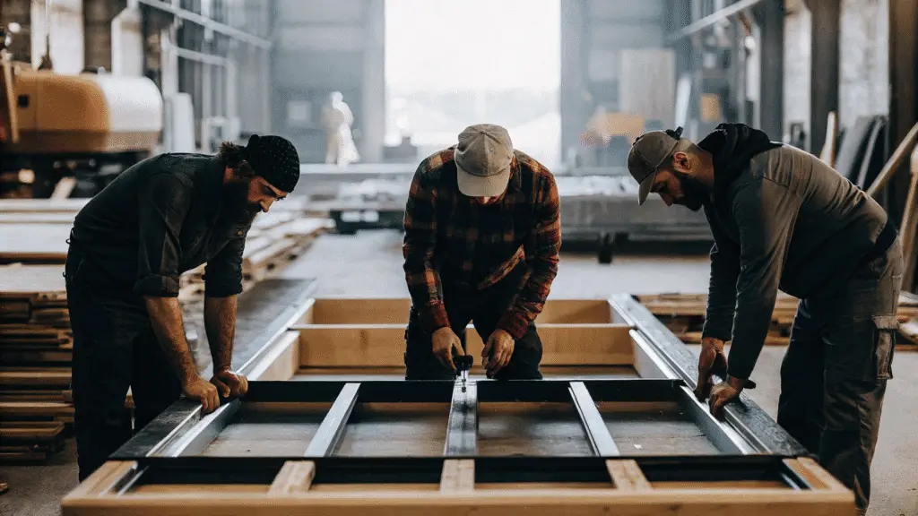 Speed Photograph of three workers constructing a modular wooden and concrete building frame in a bright organized industrial factory emphasizing quality precision and efficiency