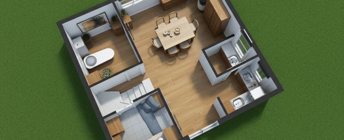 A top view of a small house layout with a dining area kitchen bathroom and living space