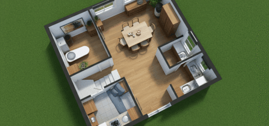 A top view of a small house layout with a dining area kitchen bathroom and living space