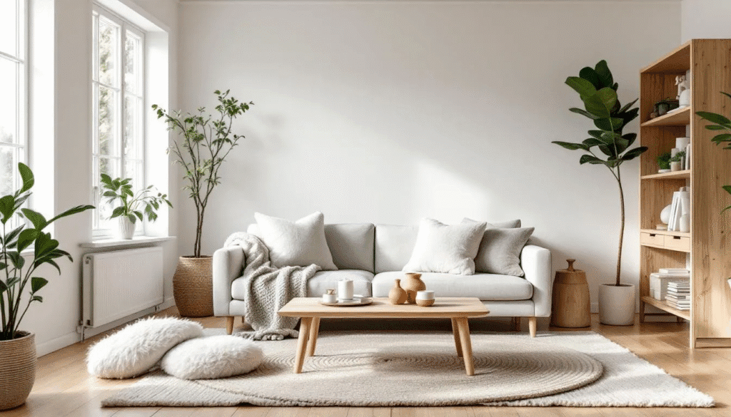 Image A bright living room featuring minimalist cottage decor highlights white walls and natural wood furniture complemented by cozy textiles and soft throw pillows creating an inviting and serene living space The uncluttered design emphasizes warmth and simplicity making it a favorite room in the home
