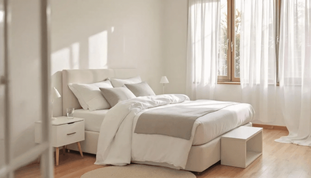 Image The image depicts a serene bedroom featuring white walls and cream bedding complemented by soft gray accent pillows embodying a minimalist cottage decor style The inviting space is designed for relaxation showcasing a blend of simplicity and warmth