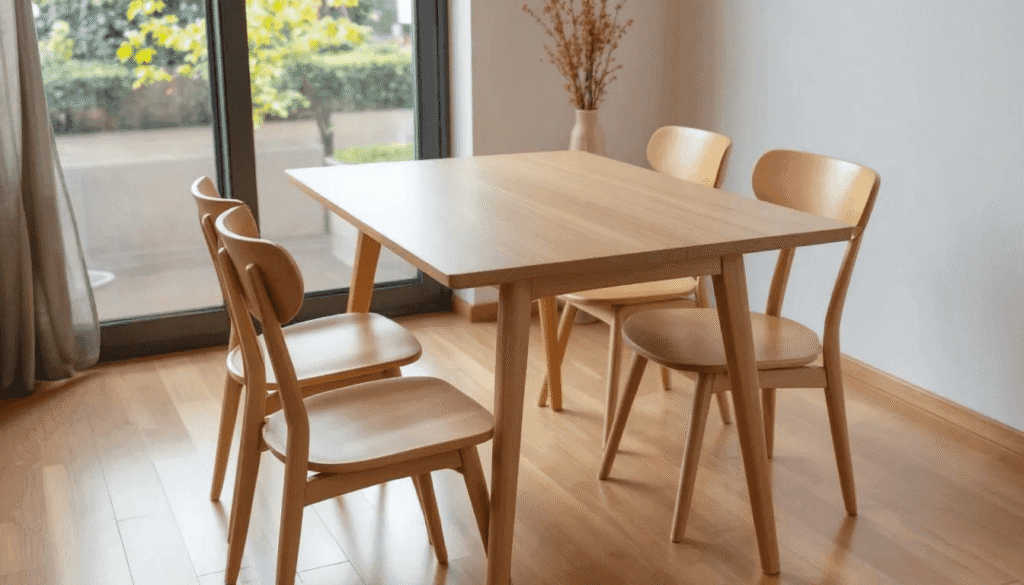 Image The image depicts a cozy dining room featuring a light wood table surrounded by simple chairs showcasing a minimalist cottage decor style with natural textures and warm wood tones The white walls and inviting atmosphere create a serene living space perfect for family gatherings