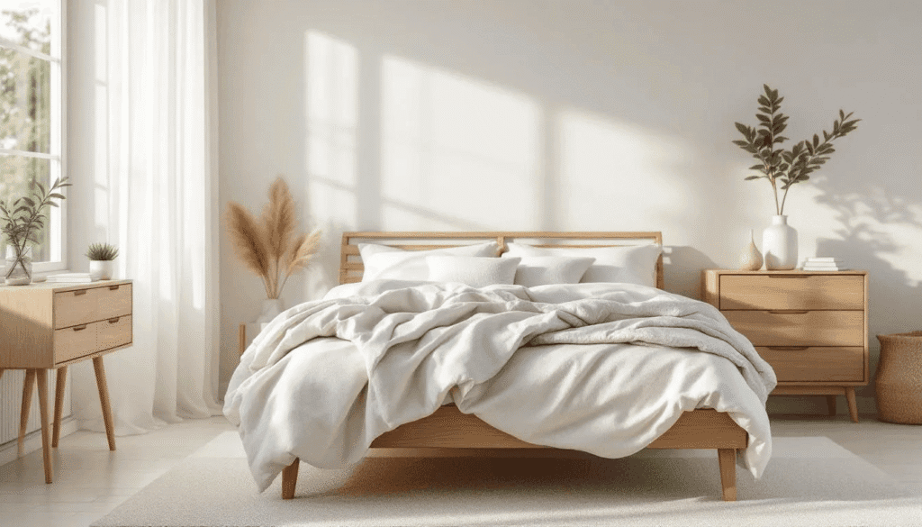 Image The image depicts a serene bedroom featuring layered white and cream bedding accented with natural wood elements creating a cozy and inviting atmosphere This minimalist cottage decor embodies a sense of warmth and simplicity perfect for relaxation