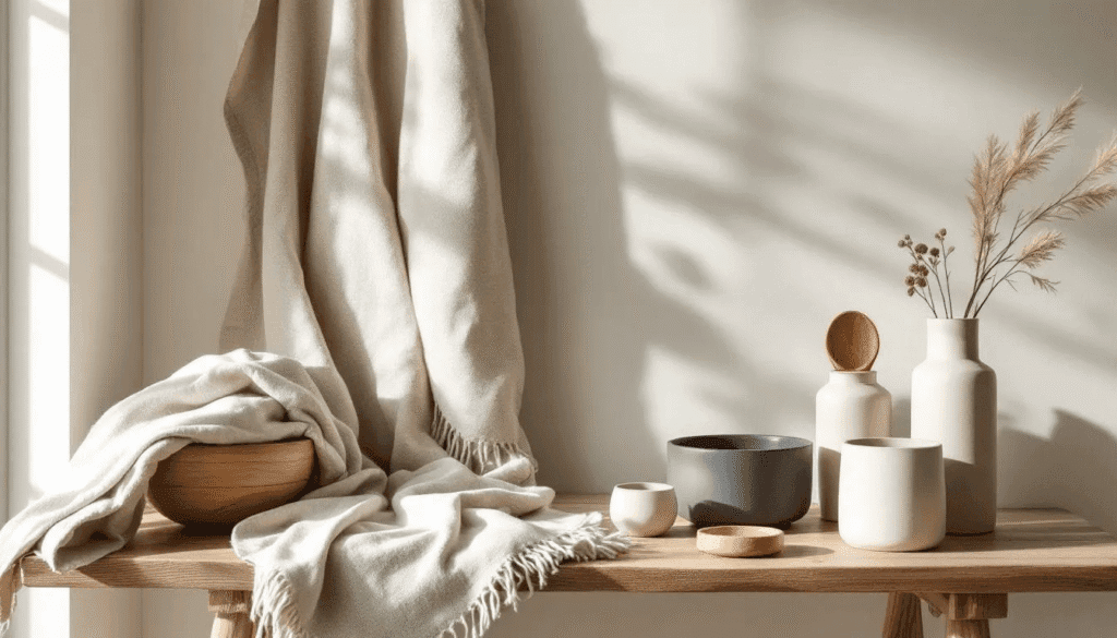 Image The image showcases a collection of minimalist cottage decor items featuring natural textiles simple ceramics and wooden accessories that embody a cozy and inviting living space The arrangement reflects a serene and uncluttered style perfect for enhancing the warmth of a dining room or favorite room in the home